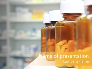 Row Of Bottles And Pills On A Chemists Counter PowerPoint Template