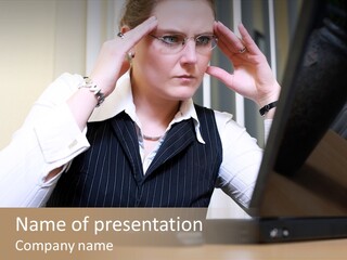 Businesswoman - Business Woman Concentrated - Concentrative . She Wears Glasses And Did Some Calculation. PowerPoint Template