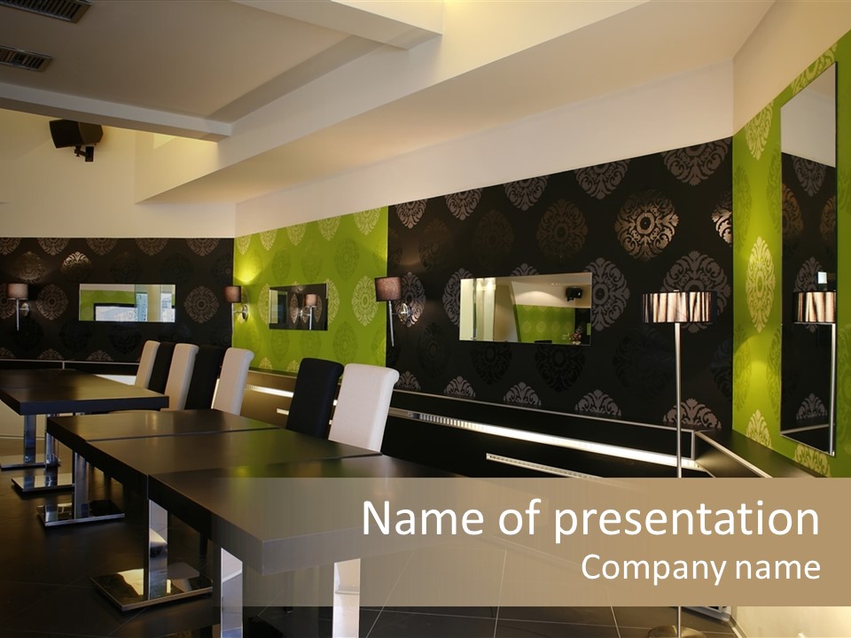 A Conference Room With A Long Table And Chairs PowerPoint Template