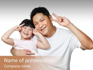 Young Chinese Father Posing With Daughter Making Victory Signs With Their Hands, Happily Smiling Looking At Camera PowerPoint Template