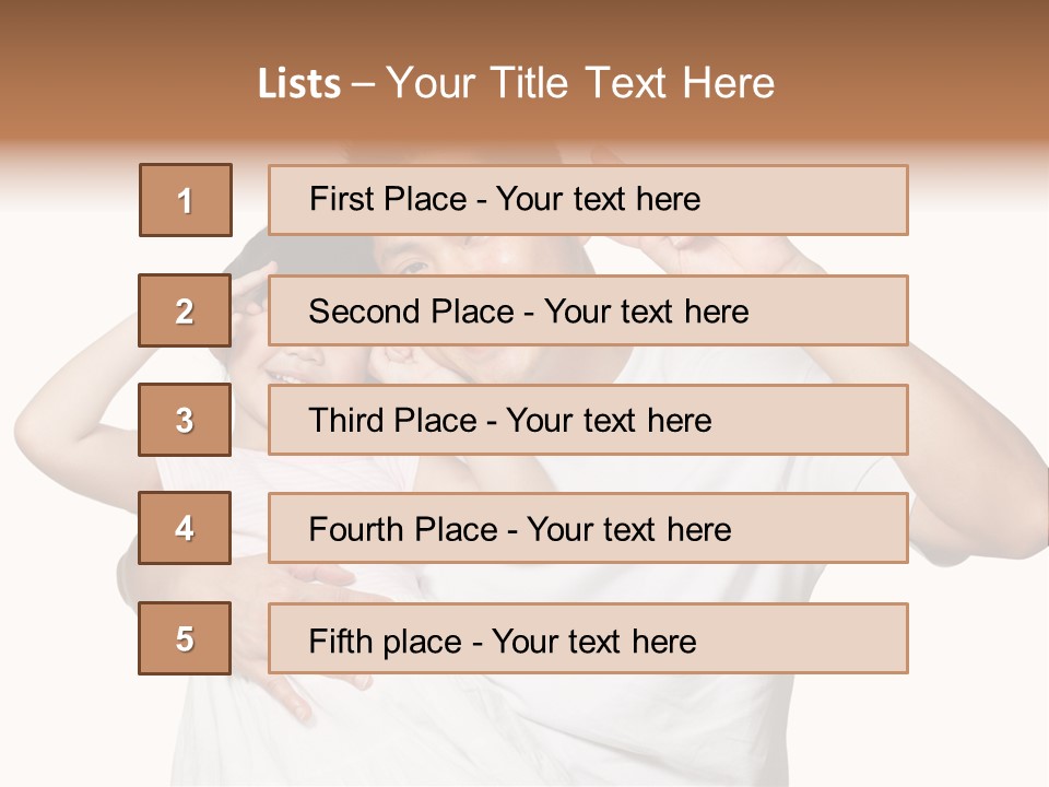 Young Chinese Father Posing With Daughter Making Victory Signs With Their Hands, Happily Smiling Looking At Camera PowerPoint Template