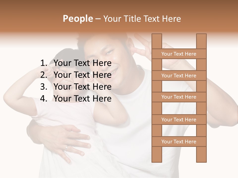 Young Chinese Father Posing With Daughter Making Victory Signs With Their Hands, Happily Smiling Looking At Camera PowerPoint Template