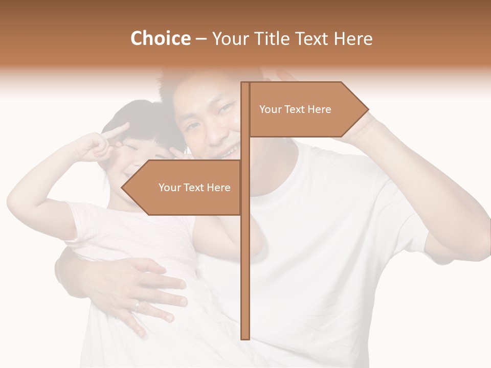 Young Chinese Father Posing With Daughter Making Victory Signs With Their Hands, Happily Smiling Looking At Camera PowerPoint Template