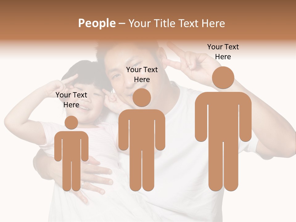 Young Chinese Father Posing With Daughter Making Victory Signs With Their Hands, Happily Smiling Looking At Camera PowerPoint Template