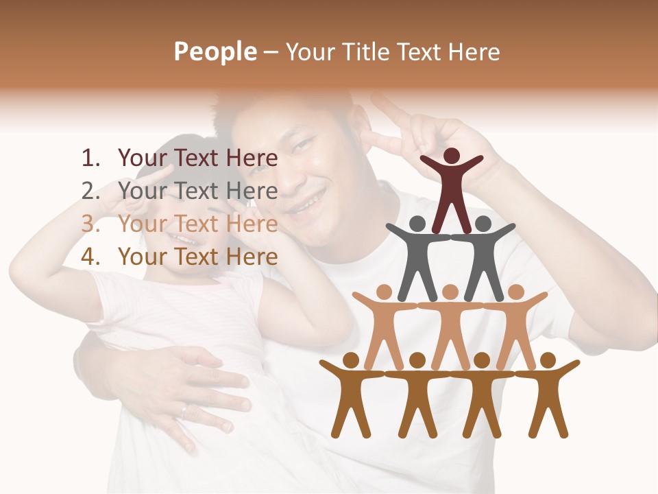 Young Chinese Father Posing With Daughter Making Victory Signs With Their Hands, Happily Smiling Looking At Camera PowerPoint Template