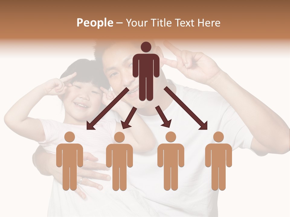 Young Chinese Father Posing With Daughter Making Victory Signs With Their Hands, Happily Smiling Looking At Camera PowerPoint Template