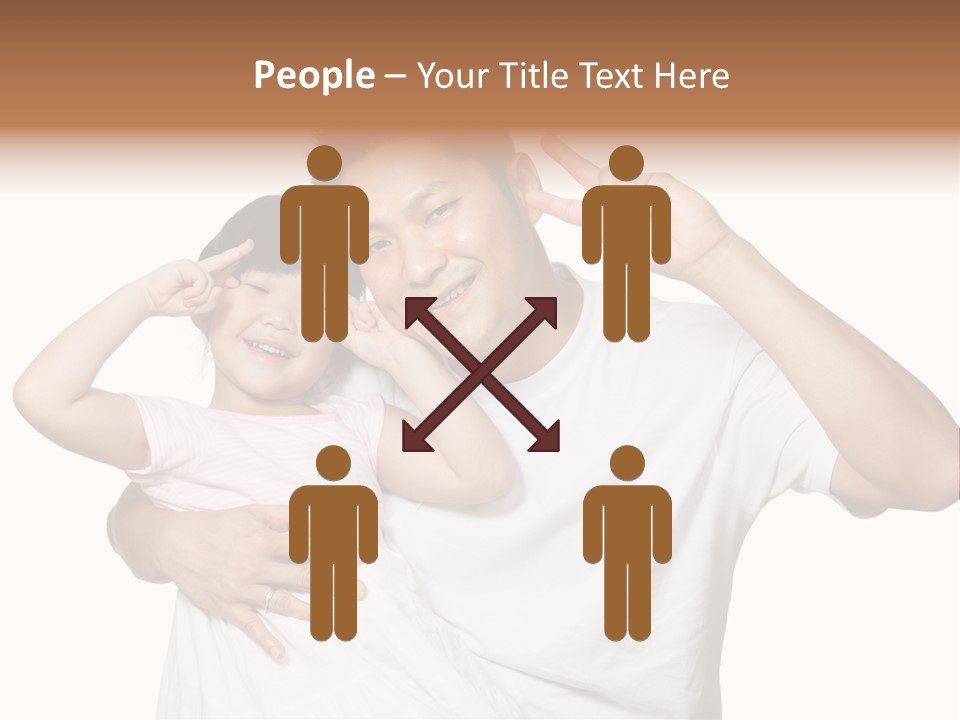 Young Chinese Father Posing With Daughter Making Victory Signs With Their Hands, Happily Smiling Looking At Camera PowerPoint Template