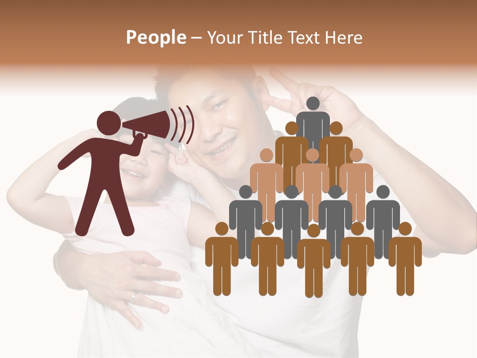 Young Chinese Father Posing With Daughter Making Victory Signs With Their Hands, Happily Smiling Looking At Camera PowerPoint Template