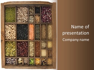 Vintage, Wooden Typesetter Case (Drawer) With Variety Of Beans, Lentils, Peas, Grains And Seeds Isolated On White, White Angle View PowerPoint Template