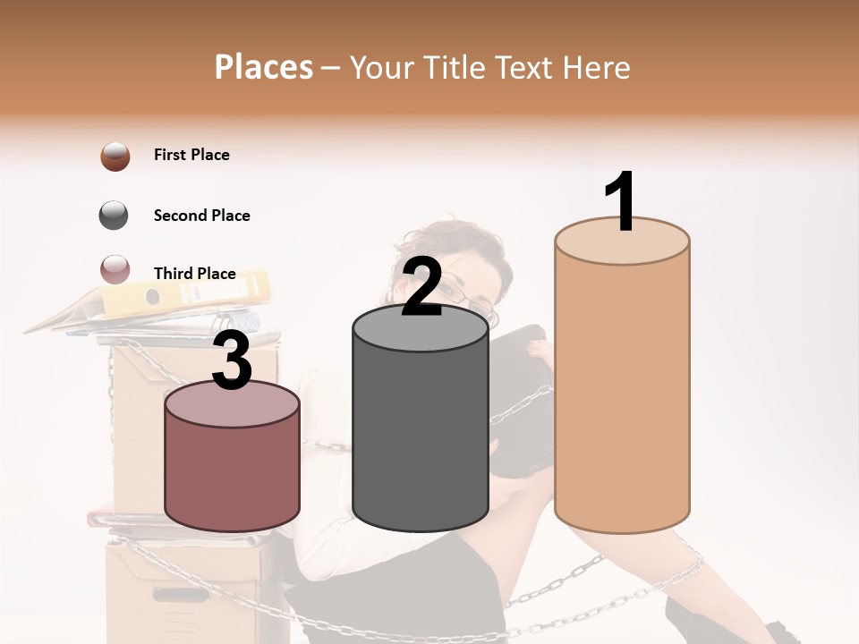 Successful Young Businesswoman Sitting Next To Pile Of Documents PowerPoint Template