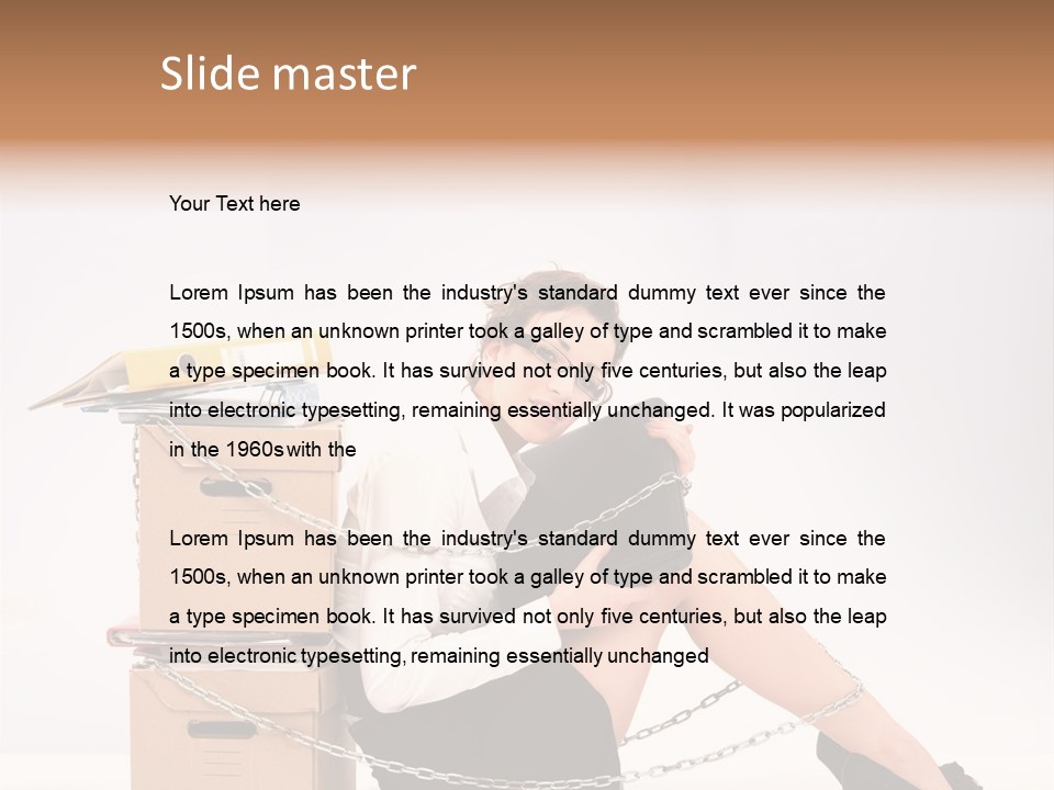 Successful Young Businesswoman Sitting Next To Pile Of Documents PowerPoint Template