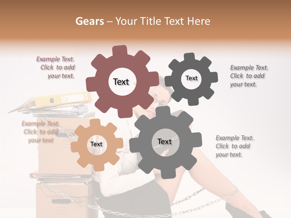 Successful Young Businesswoman Sitting Next To Pile Of Documents PowerPoint Template