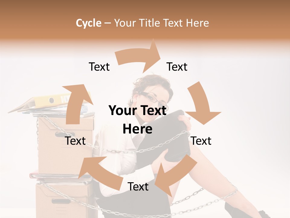 Successful Young Businesswoman Sitting Next To Pile Of Documents PowerPoint Template