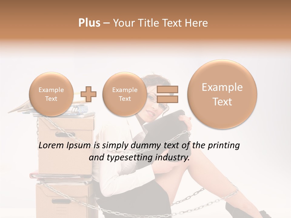 Successful Young Businesswoman Sitting Next To Pile Of Documents PowerPoint Template