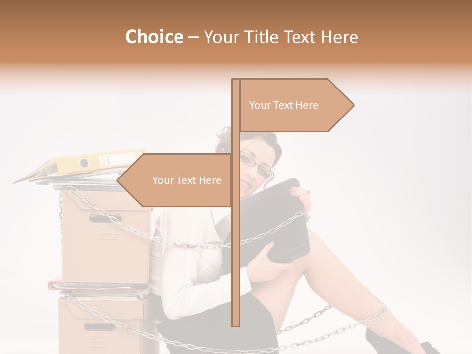 Successful Young Businesswoman Sitting Next To Pile Of Documents PowerPoint Template