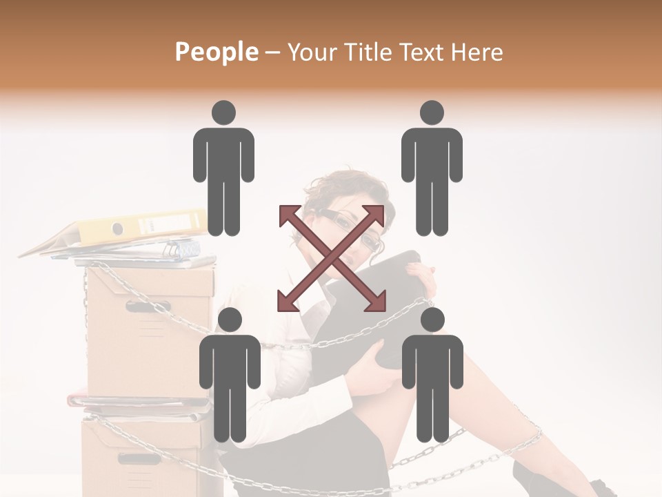 Successful Young Businesswoman Sitting Next To Pile Of Documents PowerPoint Template