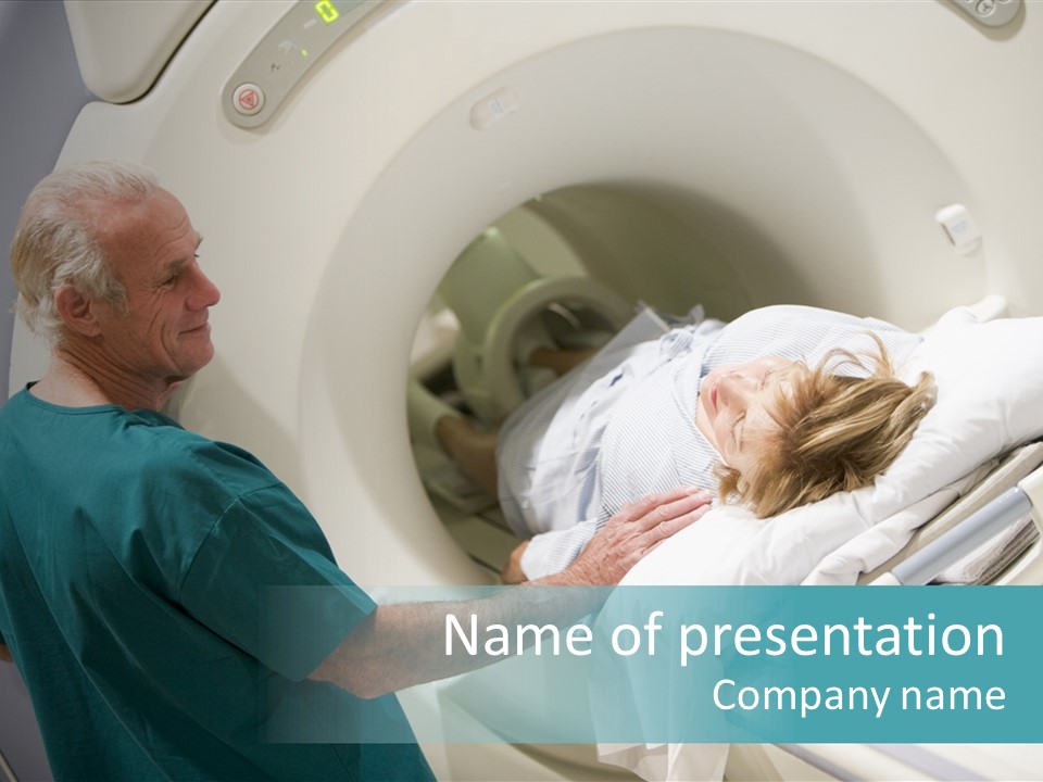 Doctor With Patient As They Prepare For A Computerized Axial Tomography (Cat) Scan PowerPoint Template