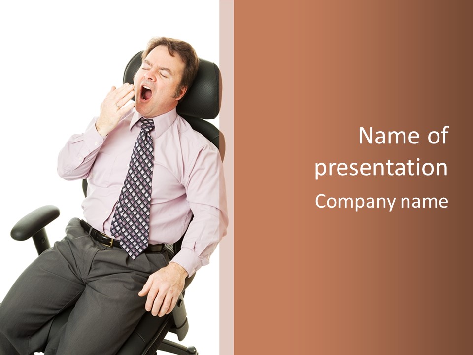 Businessman Yawns In His Comfortable Ergonomic Office Chair. Isolated On White. PowerPoint Template