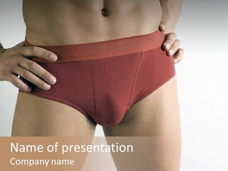 Fragment Of Attractive Male Body With Red Underwear Close-Up On Neutral Background PowerPoint Template