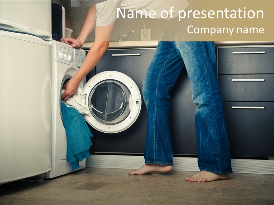 Concept Man Putting His Laundry Into The Washing Machine PowerPoint Template
