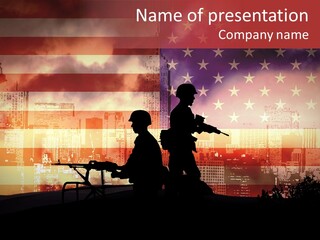 Two Soldiers With Guns In Front Of An American Flag PowerPoint Template