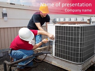 Two Workers On The Roof Of A Building Working On The Air Conditioning Unit. PowerPoint Template