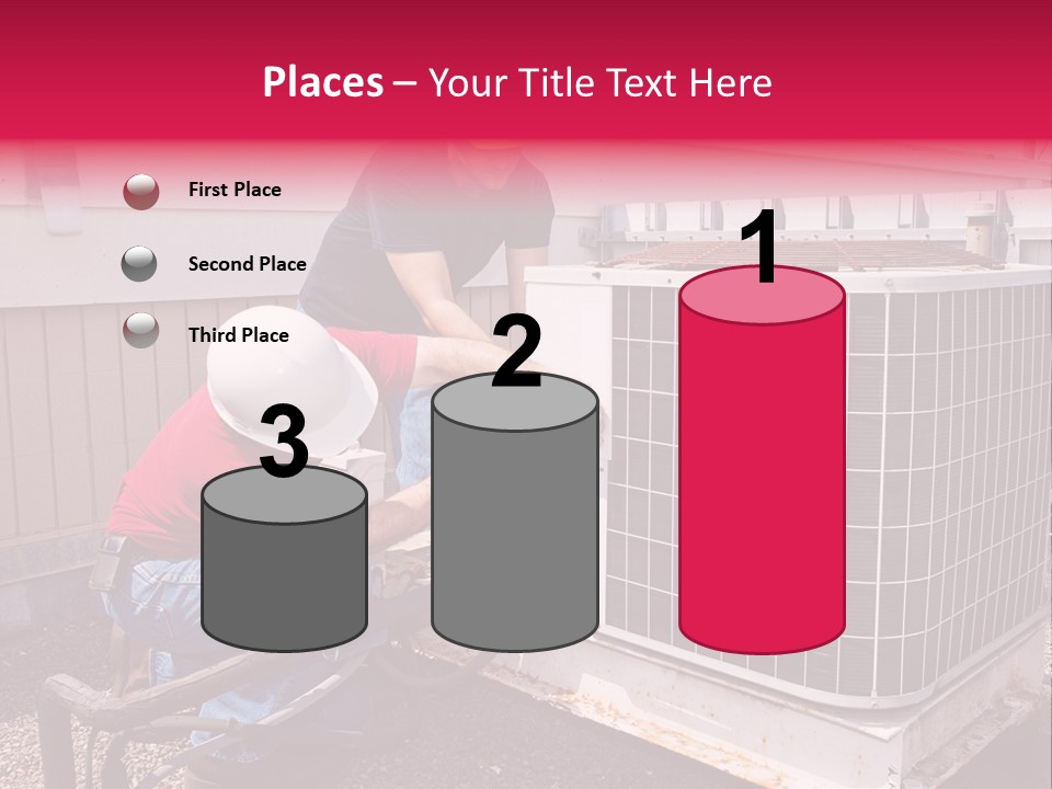 Two Workers On The Roof Of A Building Working On The Air Conditioning Unit. PowerPoint Template