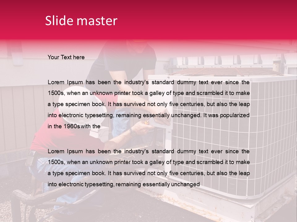 Two Workers On The Roof Of A Building Working On The Air Conditioning Unit. PowerPoint Template