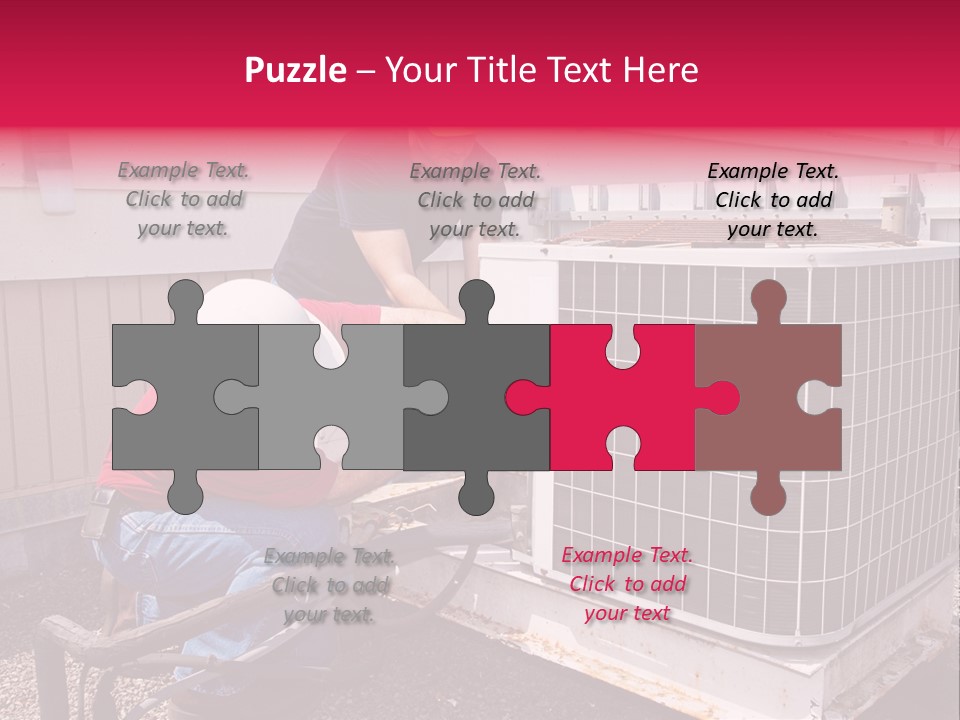 Two Workers On The Roof Of A Building Working On The Air Conditioning Unit. PowerPoint Template