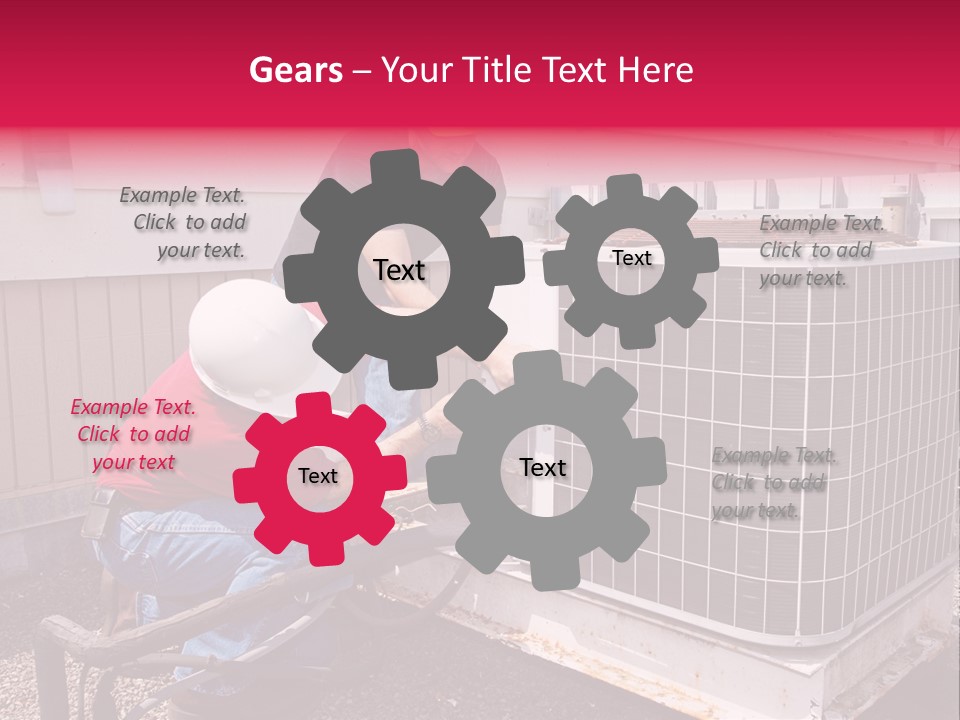 Two Workers On The Roof Of A Building Working On The Air Conditioning Unit. PowerPoint Template