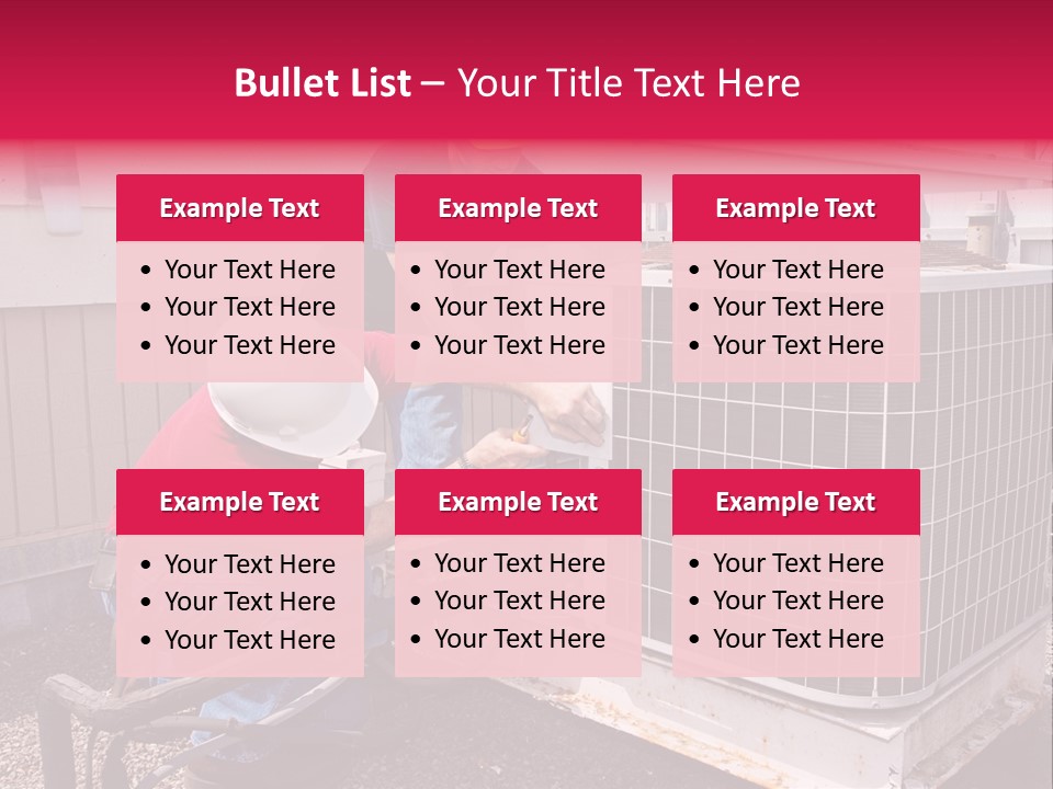 Two Workers On The Roof Of A Building Working On The Air Conditioning Unit. PowerPoint Template