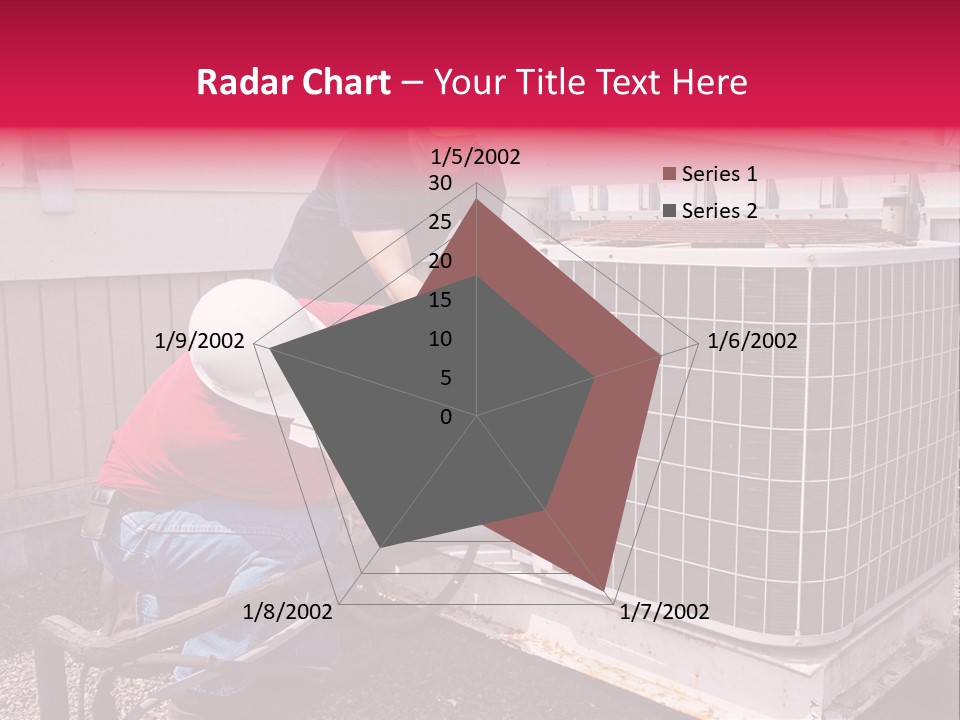 Two Workers On The Roof Of A Building Working On The Air Conditioning Unit. PowerPoint Template