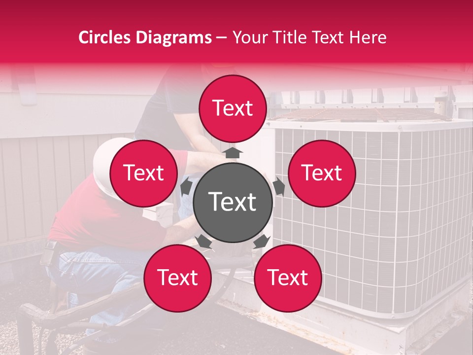 Two Workers On The Roof Of A Building Working On The Air Conditioning Unit. PowerPoint Template