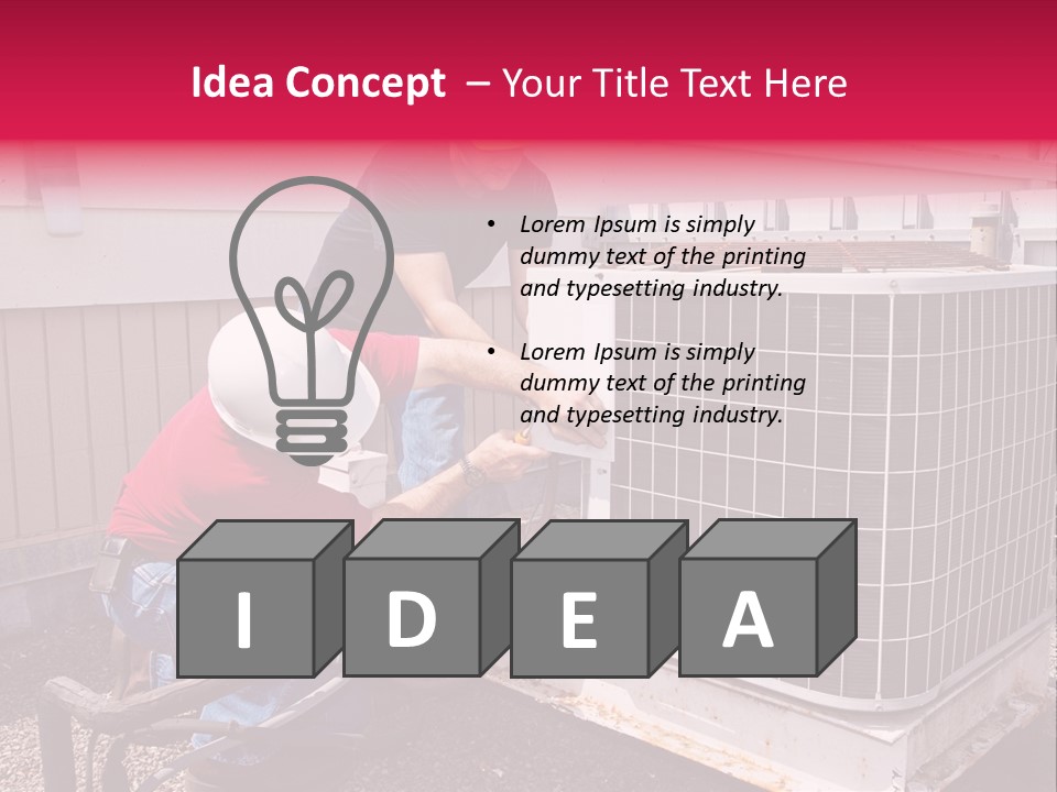 Two Workers On The Roof Of A Building Working On The Air Conditioning Unit. PowerPoint Template