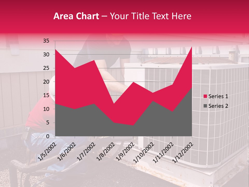Two Workers On The Roof Of A Building Working On The Air Conditioning Unit. PowerPoint Template
