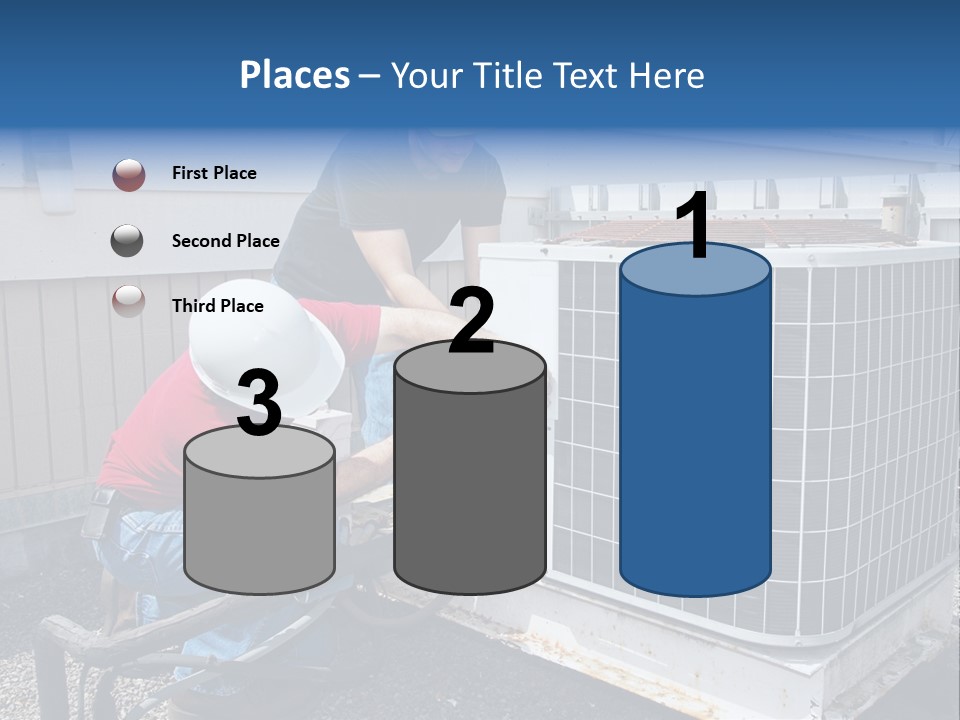 Two Workers On The Roof Of A Building Working On The Air Conditioning Unit. PowerPoint Template