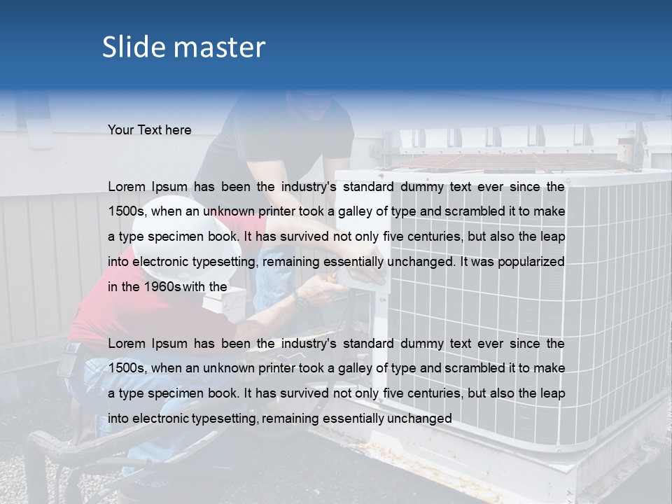 Two Workers On The Roof Of A Building Working On The Air Conditioning Unit. PowerPoint Template