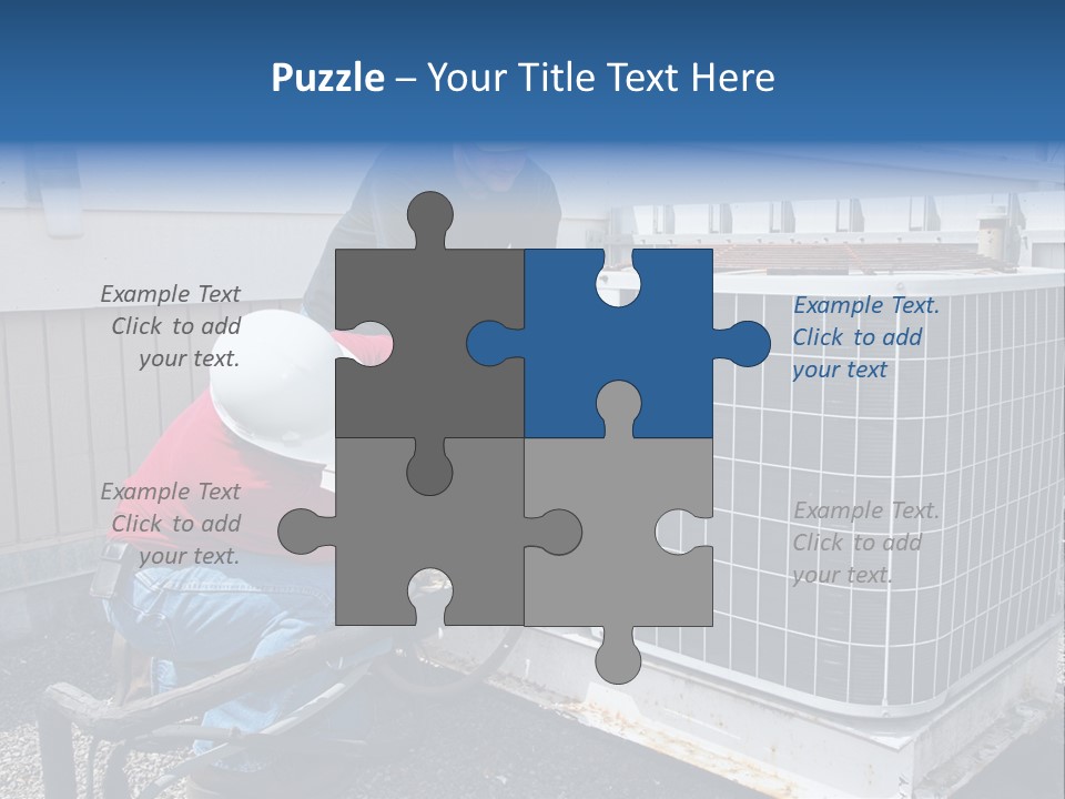 Two Workers On The Roof Of A Building Working On The Air Conditioning Unit. PowerPoint Template