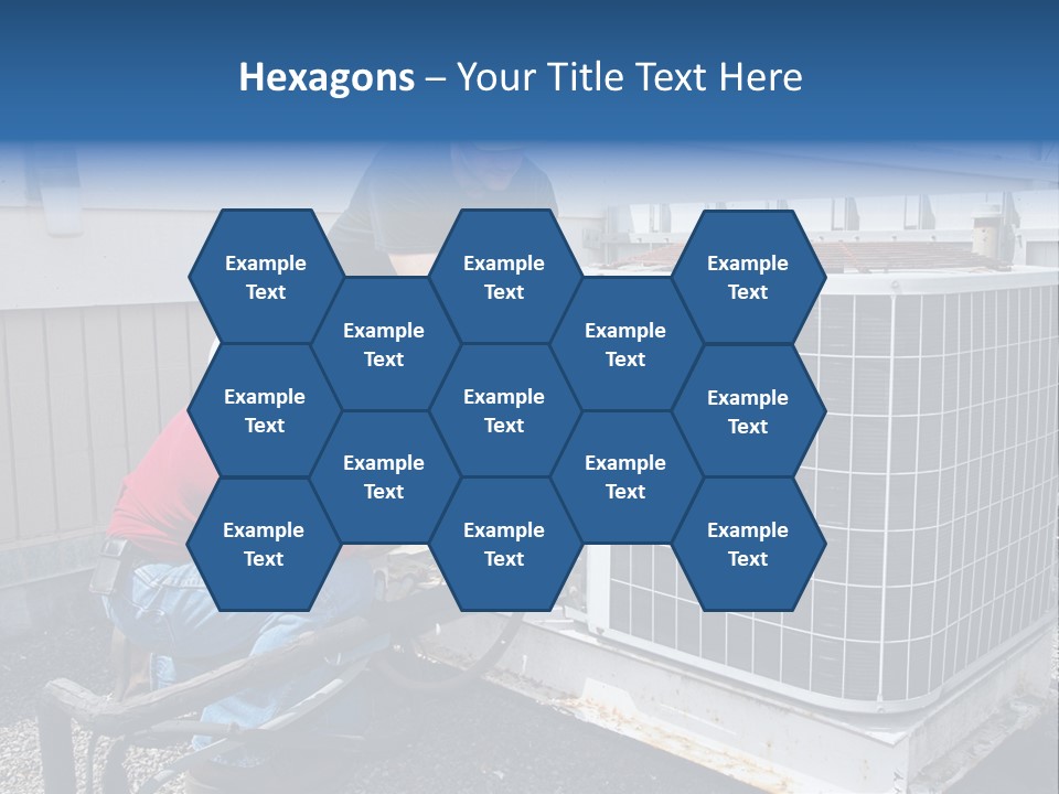 Two Workers On The Roof Of A Building Working On The Air Conditioning Unit. PowerPoint Template