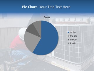 Two Workers On The Roof Of A Building Working On The Air Conditioning Unit. PowerPoint Template