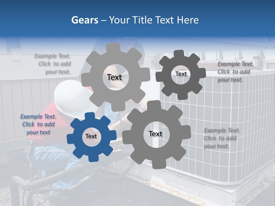 Two Workers On The Roof Of A Building Working On The Air Conditioning Unit. PowerPoint Template
