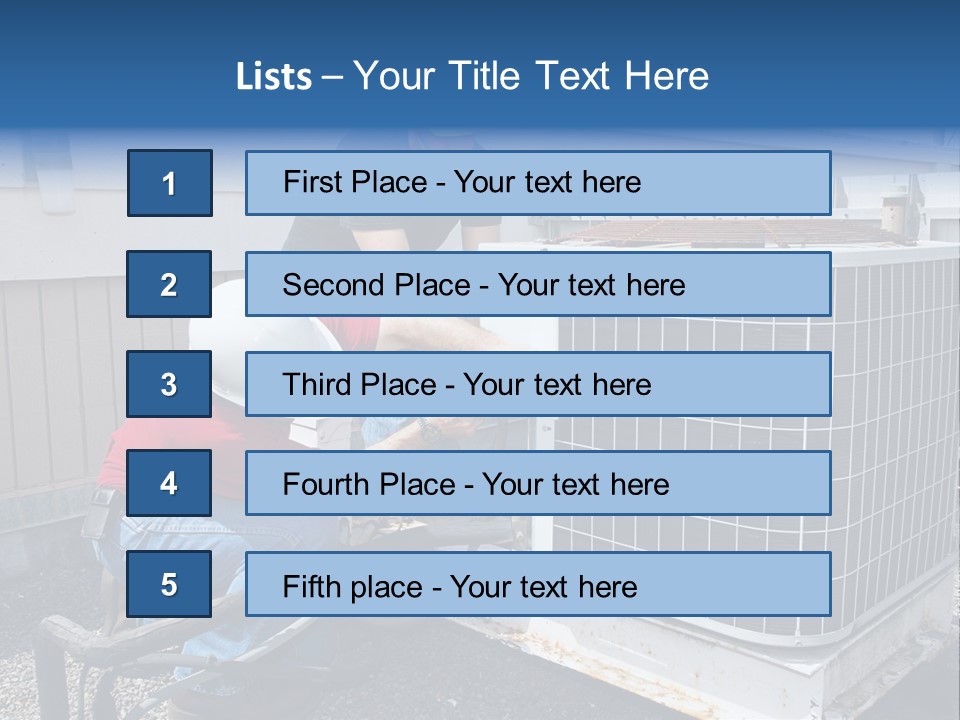 Two Workers On The Roof Of A Building Working On The Air Conditioning Unit. PowerPoint Template
