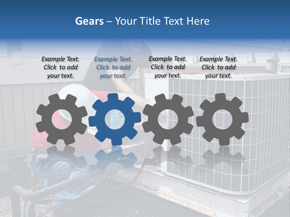 Two Workers On The Roof Of A Building Working On The Air Conditioning Unit. PowerPoint Template