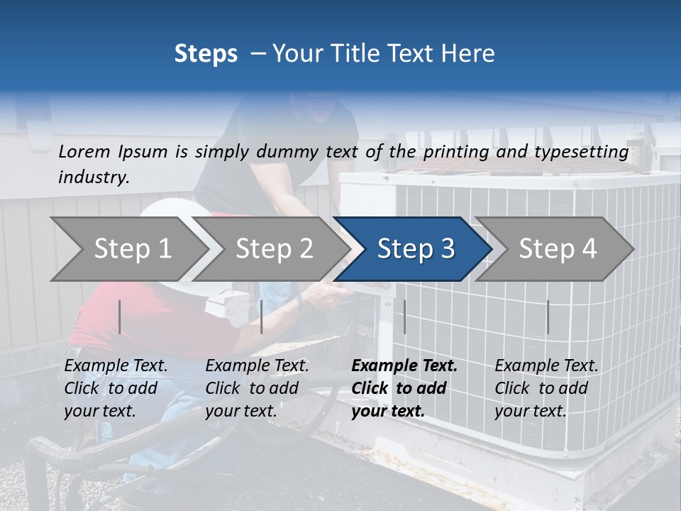 Two Workers On The Roof Of A Building Working On The Air Conditioning Unit. PowerPoint Template