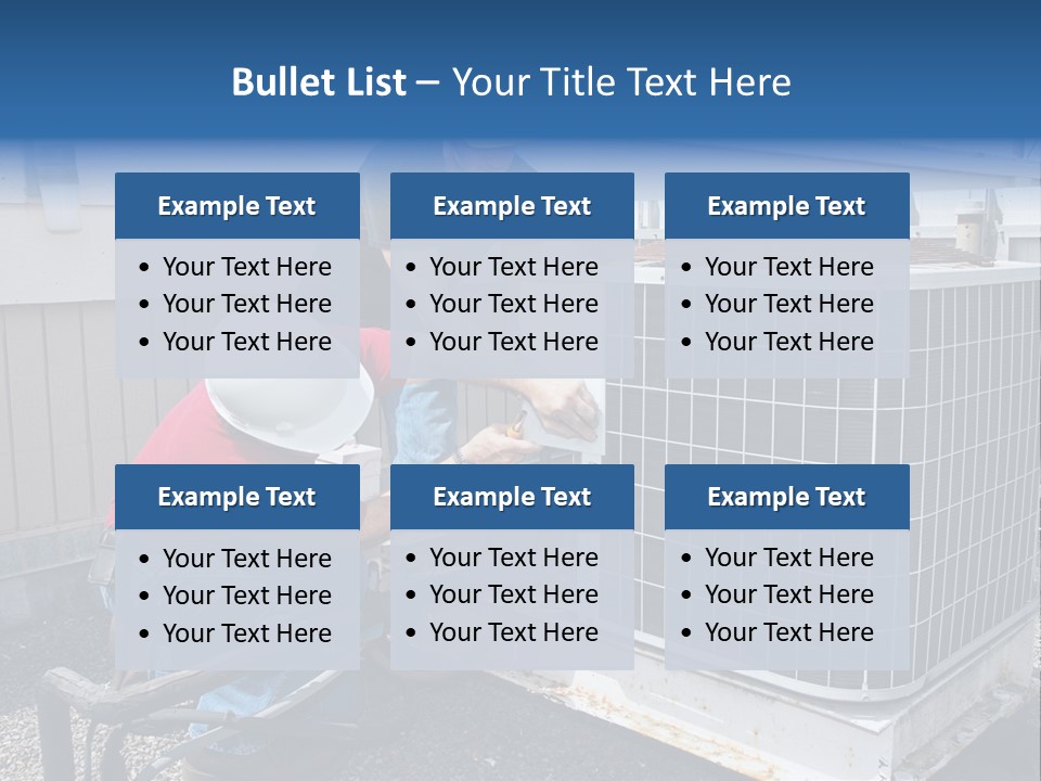 Two Workers On The Roof Of A Building Working On The Air Conditioning Unit. PowerPoint Template