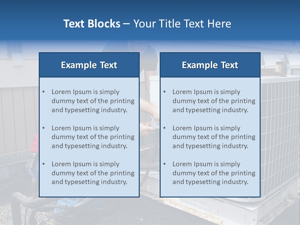 Two Workers On The Roof Of A Building Working On The Air Conditioning Unit. PowerPoint Template