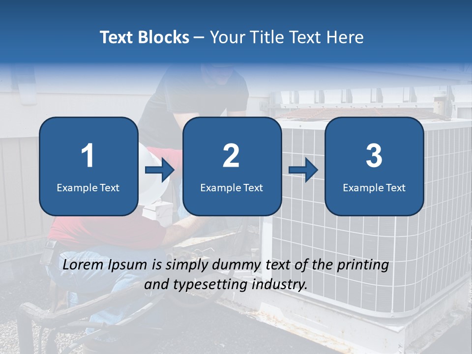 Two Workers On The Roof Of A Building Working On The Air Conditioning Unit. PowerPoint Template