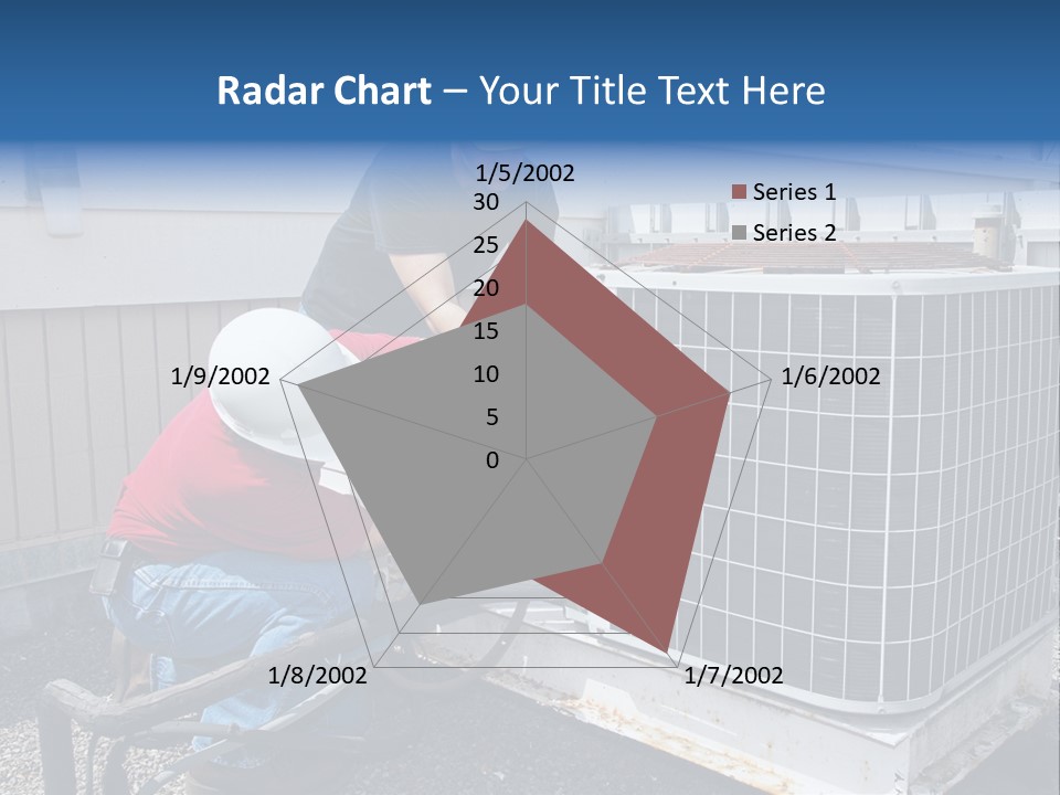 Two Workers On The Roof Of A Building Working On The Air Conditioning Unit. PowerPoint Template