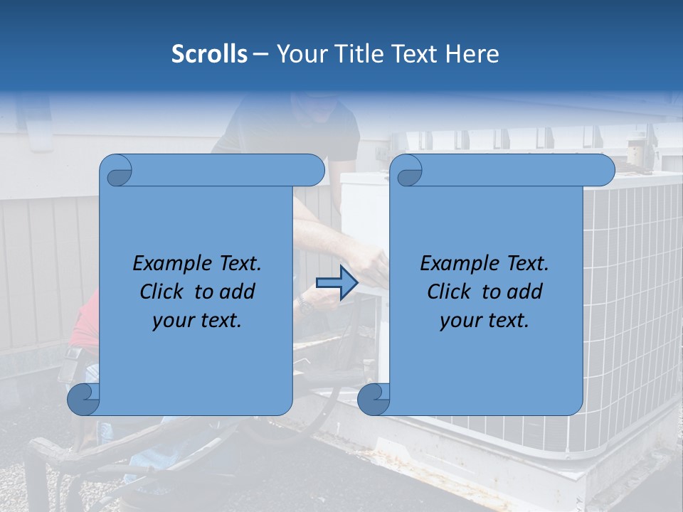 Two Workers On The Roof Of A Building Working On The Air Conditioning Unit. PowerPoint Template
