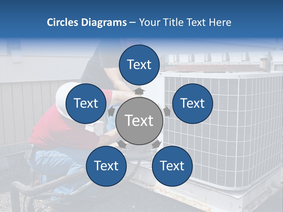 Two Workers On The Roof Of A Building Working On The Air Conditioning Unit. PowerPoint Template